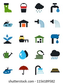 Color and black flat icon set - shower vector, watering can, bucket, boot, water drop, rain, hose, sea port, umbrella, warehouse, pond, supply, irrigation, warm floor
