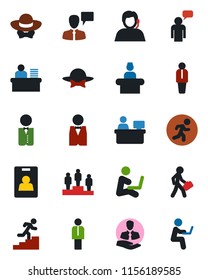 Color and black flat icon set - reception vector, manager, speaking man, pedestal, place, run, support, client, identity card, desk, career ladder, waiter, dress code, with notebook