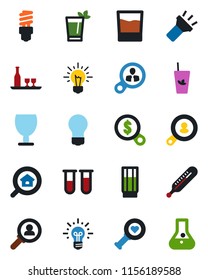 Color and black flat icon set - bulb vector, blood test vial, thermometer, heart diagnostic, fragile, torch, estate search, client, alcohol, drink, phyto bar, energy saving, consumer, money, idea