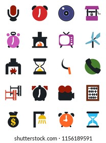 Color and black flat icon set - alarm clock vector, abacus, well, sickle, film frame, vinyl, tv, video camera, microphone, call, fireplace, outdoor lamp, windmill, money bag, sand