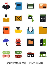 Color and black flat icon set - umbrella vector, book, store, container, package, mail, folder, copybook, document, mailbox, open close, home control, storefront