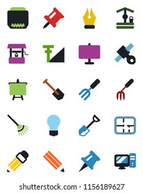 Color and black flat icon set - presentation board vector, bulb, job, garden fork, shovel, rake, well, satellite, hdmi, cellular signal, drawing pin, ink pen, pencil, plan, pc