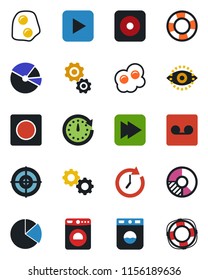 Color and black flat icon set - washer vector, circle chart, play button, fast forward, rec, record, eye id, pie graph, target, omelette, gear, clock, crisis management
