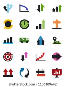 Color and black flat icon set - signpost vector, right arrow, growth statistic, route, navigation, up side sign, sorting, update, data exchange, moving, target, graph, clock, crisis, presentation