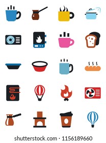 Color and black flat icon set - coffee vector, fire, fireplace, air conditioner, bread, bowl, steaming pan, turkish, water heater, balloon
