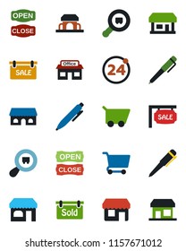 Color and black flat icon set - 24 around vector, shop, pen, store, search cargo, sale, sold signboard, cafe building, open close, cart, storefront