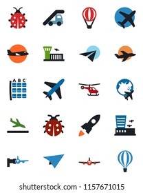 Color and black flat icon set - plane vector, arrival, ladder car, boarding, helicopter, seat map, globe, airport building, lady bug, rocket, paper, air balloon