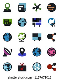 Color and black flat icon set - satellite antenna vector, bomb in case, globe, plane, earth, pin, consolidated cargo, network, share, news, social media