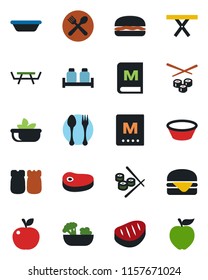 Color and black flat icon set - spoon and fork vector, picnic table, cafe, menu, salad, salt pepper, steak, hamburger, bowl, sushi, apple fruit