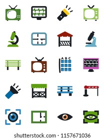 Color and black flat icon set - barrier vector, tv, seat map, bench, monitor pulse, microscope, eye, torch, plan, alcove, scan
