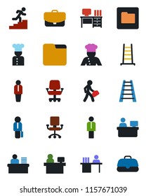 Color and black flat icon set - manager vector, desk, place, ladder, folder, career, cook, office chair, case