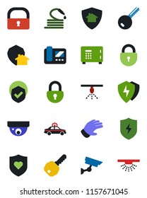 Color and black flat icon set - alarm car vector, safe, lock, glove, hose, heart shield, protect, key, intercome, home, surveillance, sprinkler