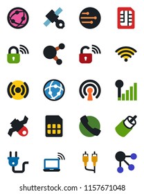 Color and black flat icon set - wireless notebook vector, satellite, network, share, rca, call, sim, cellular signal, power plug, lock, social media