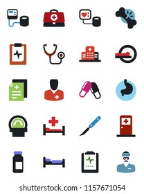 Color and black flat icon set - bed vector, medical room, doctor case, diagnosis, stethoscope, blood pressure, pills, ampoule, scalpel, tomography, hospital, stomach, broken bone, pulse clipboard