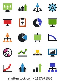 Color and black flat icon set - growth statistic vector, hierarchy, presentation board, monitor, circle chart, pulse clipboard, statistics, pie graph, point, arrow up, crisis