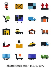 Color and black flat icon set - sea shipping vector, truck trailer, car delivery, port, container, consolidated cargo, up side sign, no trolley, hook, warehouse, package, moving