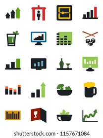 Color and black flat icon set - security gate vector, growth statistic, monitor, barcode, equalizer, scanner, statistics, bar graph, alcohol, wine card, phyto, beer, salad, sushi, arrow up