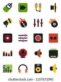 Color and black flat icon set - flame disk vector, microphone, speaker, settings, equalizer, headphones, fast forward, rec button, rca, hdmi, tuning, record, sound