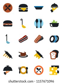Color and black flat icon set - spoon and fork vector, cafe, salad, plates, bacon, waiter, bread, chicken, hamburger, ladle, bowl, rolling pin, cheese