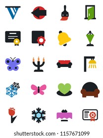 Color and black flat icon set - left arrow vector, pennant, butterfly, heart, tulip, themes, bell, sertificate, cushioned furniture, restaurant table, candle, snowflake, outdoor lamp, door, pennon
