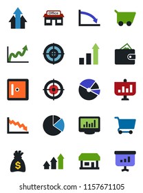 Color and black flat icon set - checkroom vector, growth statistic, money bag, store, monitor statistics, pie graph, target, arrow up, wallet, crisis, cart, presentation