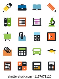 Color and black flat icon set - airport bus vector, checkroom, book, calculator, graduate, abacus, presentation board, microscope, case, paper clip, pencil