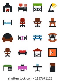 Color and black flat icon set - cafe vector, checkroom, office chair, desk, bench, fireplace, lamp, bedroom, children room, cushioned furniture, restaurant table, alcove, fridge