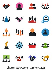 Color and black flat icon set - handshake vector, hierarchy, pedestal, team, patient, group, user, company, meeting, consumer search