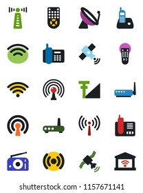Color and black flat icon set - antenna vector, satellite, office phone, radio, remote control, wireless, cellular signal, router, garage gate