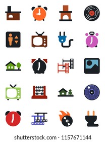 Color and black flat icon set - elevator vector, alarm clock, tv, abacus, fireplace, film frame, vinyl, flame disk, gallery, house with tree, power plug