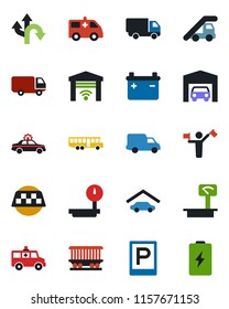 Color and black flat icon set - dispatcher vector, taxi, airport bus, parking, alarm car, ladder, ambulance, route, railroad, delivery, heavy scales, garage, gate control, battery