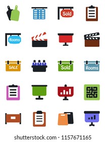 Color and black flat icon set - fence vector, flight table, presentation board, meeting, clipboard, clapboard, sale, rooms, sold signboard, cutting, chip