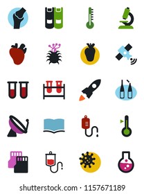 Color and black flat icon set - satellite antenna vector, book, blood test vial, dropper, microscope, ampoule, real heart, joint, virus, sd, thermometer, rocket, flask
