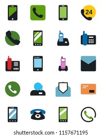 Color and black flat icon set - phone vector, mobile, office, 24 hours, cell, radio, mail, call, support