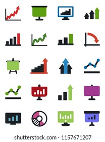 Color and black flat icon set - growth statistic vector, presentation board, crisis graph, monitor, circle chart, statistics, bar, point, arrow up