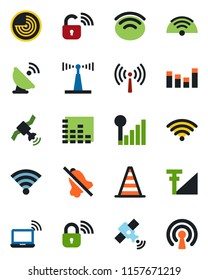 Color and black flat icon set - antenna vector, wireless notebook, border cone, radar, satellite, equalizer, mute, cellular signal, lock