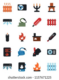 Color and black flat icon set - fire vector, hose, fireplace, thermometer, heater, air conditioner, candle, water, smoke detector, radiator