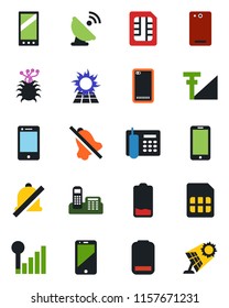 Color and black flat icon set - mobile phone vector, virus, satellite antenna, cell, low battery, back, sim, mute, cellular signal, office, sun panel