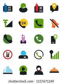 Color and black flat icon set - phone vector, no mobile, reception bell, office, 24 hours, support, tracking, radio, call, mute, cellular signal