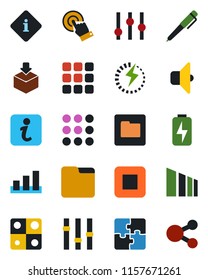 Color and black flat icon set - package vector, sorting, settings, touch screen, stop button, menu, folder, charge, application, pen, sound, information, social media