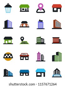 Color and black flat icon set - taxi vector, shop, office building, garden light, navigation, store, city house, cafe, storefront