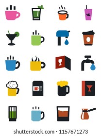 Color and black flat icon set - hot cup vector, coffee machine, water supply, wine card, drink, cocktail, phyto bar, beer, turkish