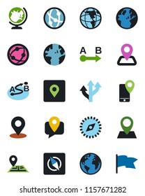 Color and black flat icon set - globe vector, route, navigation, earth, pin, mobile tracking, network, place tag, compass, flag