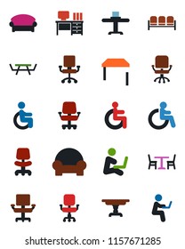 Color and black flat icon set - cafe vector, waiting area, disabled, office chair, desk, picnic table, cushioned furniture, restaurant, man with notebook