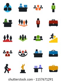 Color and black flat icon set - manager vector, pedestal, team, place, client, case, company, desk, career ladder, group