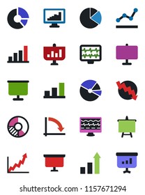 Color and black flat icon set - growth statistic vector, presentation board, crisis graph, circle chart, monitor pulse, statistics, bar, pie, point