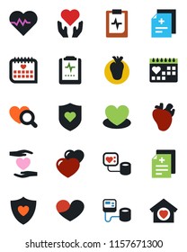 Color and black flat icon set - heart vector, pulse, diagnosis, blood pressure, diagnostic, shield, hand, real, medical calendar, clipboard, sweet home