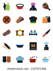 Color and black flat icon set - cook vector, cafe, hat, menu, bacon, salt and pepper, ham, bowl, rolling pin, cutting board, knife, steaming pan