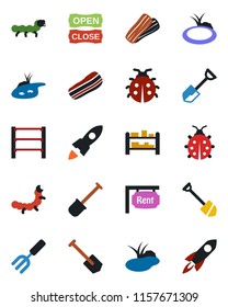 Color and black flat icon set - job vector, garden fork, shovel, lady bug, caterpillar, pond, rack, rent, bacon, open close, rocket