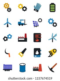 Color and black flat icon set - fork loader vector, gear, glove, saw, sickle, truck trailer, oil barrel, battery, sun panel, factory, water heater, windmill, hard work